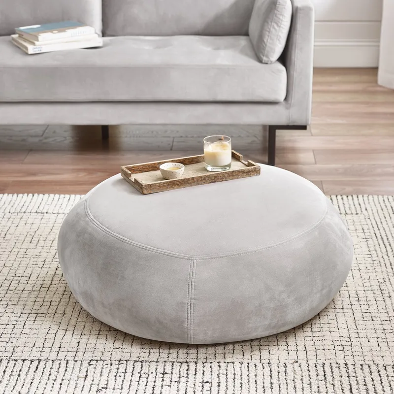 FurnitureboxUK Otis Round Soft-Touch Velvet Footstool in Taupe Taupe