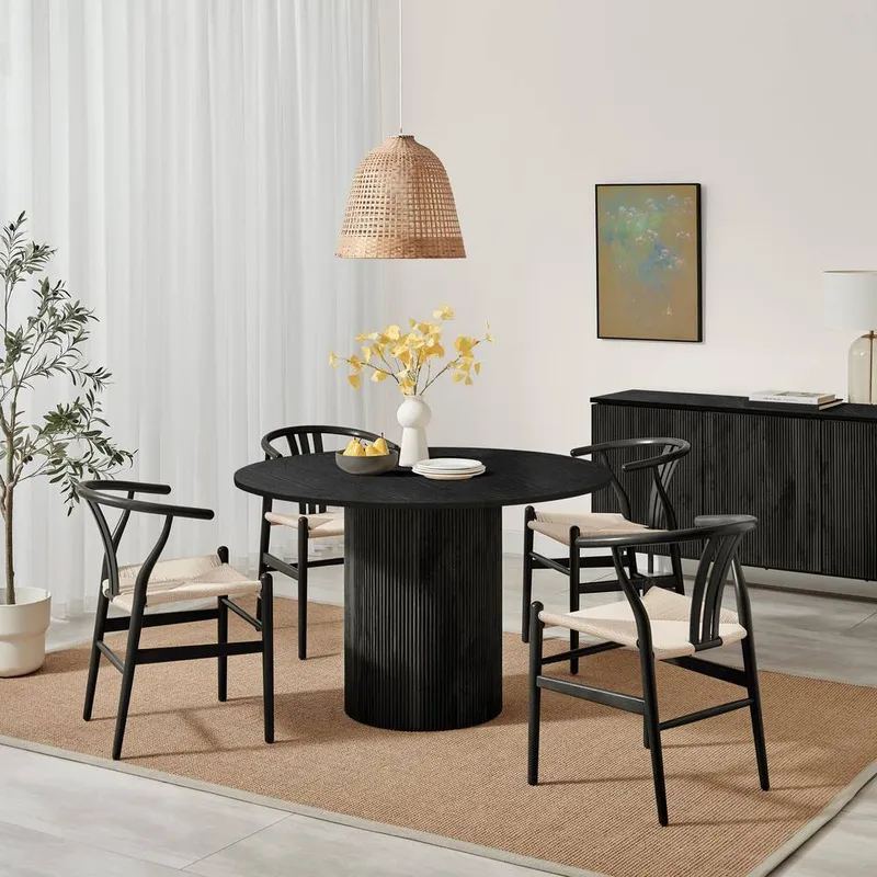 FurnitureboxUK Penrose Black Wooden Round Dining Table & 4 Black Caia Dining Chairs - Black