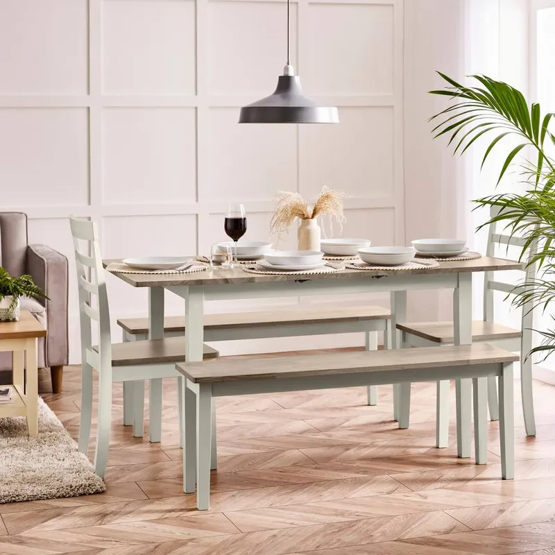 FurnitureboxUK Salcombe Extending Light Grey Table with 2 Chairs & 2 Large Benches - Light Grey