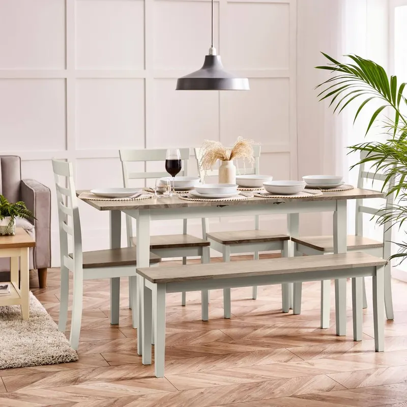 FurnitureboxUK Salcombe Extending Light Grey Table with 4 Chairs & 1 Large Bench - Light Grey