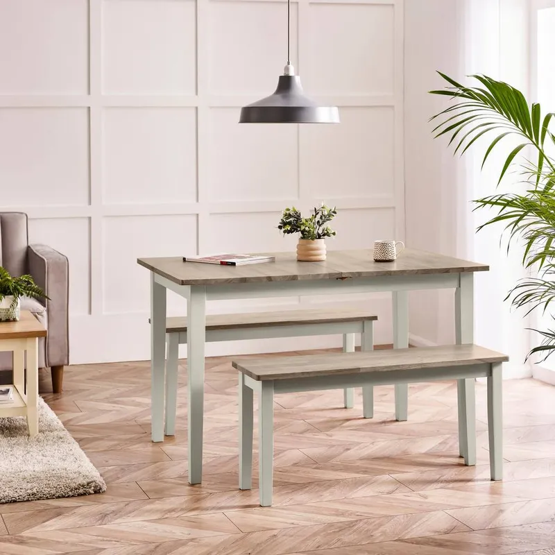 FurnitureboxUK Salcombe Extending Light Grey Wooden Table & 2 Tenby Benches - Light Grey - Size: One Size