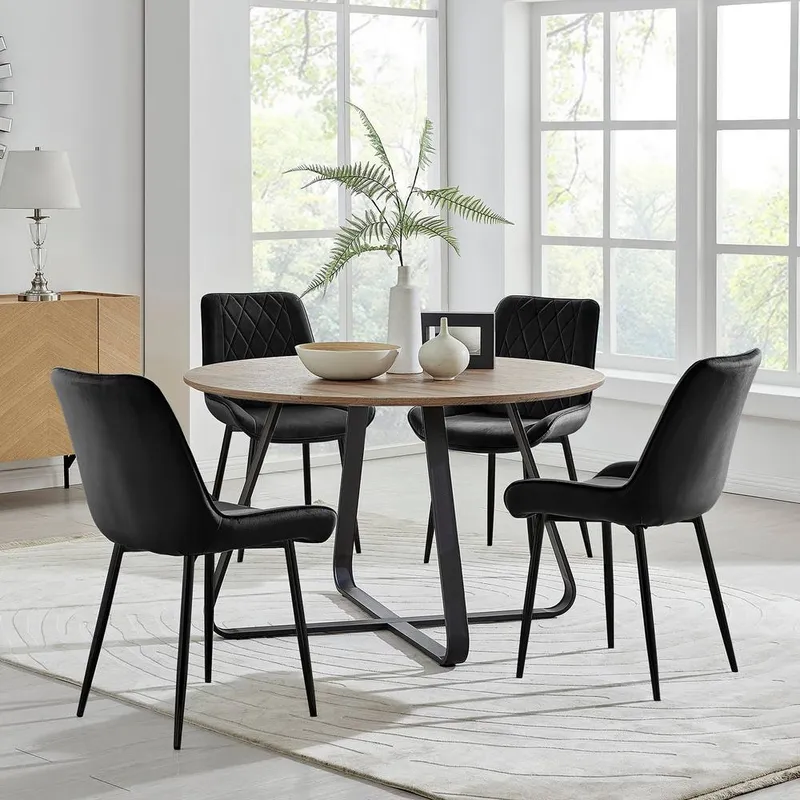 FurnitureboxUK Santorini Brown Round Dining Table & 4 Pesaro Black Leg Chairs - Black