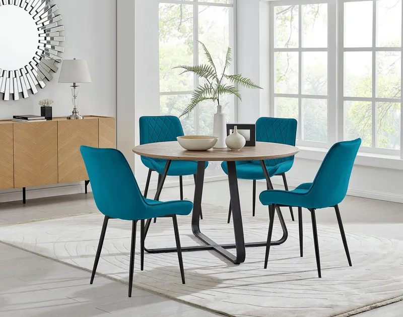 FurnitureboxUK Santorini Brown Round Dining Table & 4 Pesaro Black Leg Chairs in Blue Blue