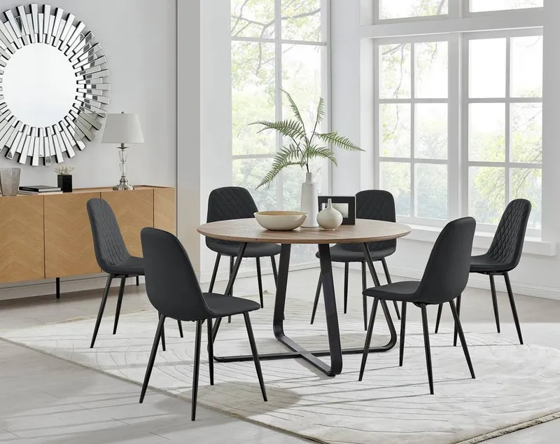 FurnitureboxUK Santorini Brown Round Dining Table & 6 Corona Black Leg Chairs Black