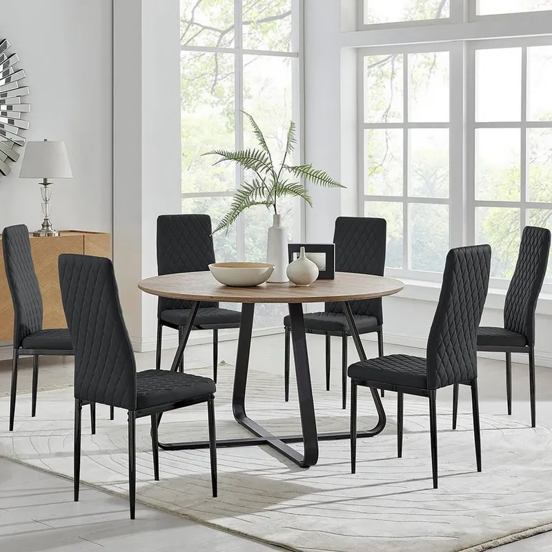 FurnitureboxUK Santorini Brown Round Dining Table & 6 Milan Black Leg Chairs - Black
