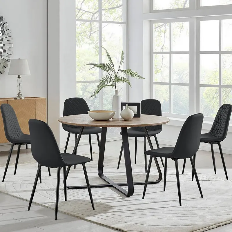FurnitureboxUK Santorini Brown Round Dining Table & 6 Pesaro Black Leg Chairs - Black