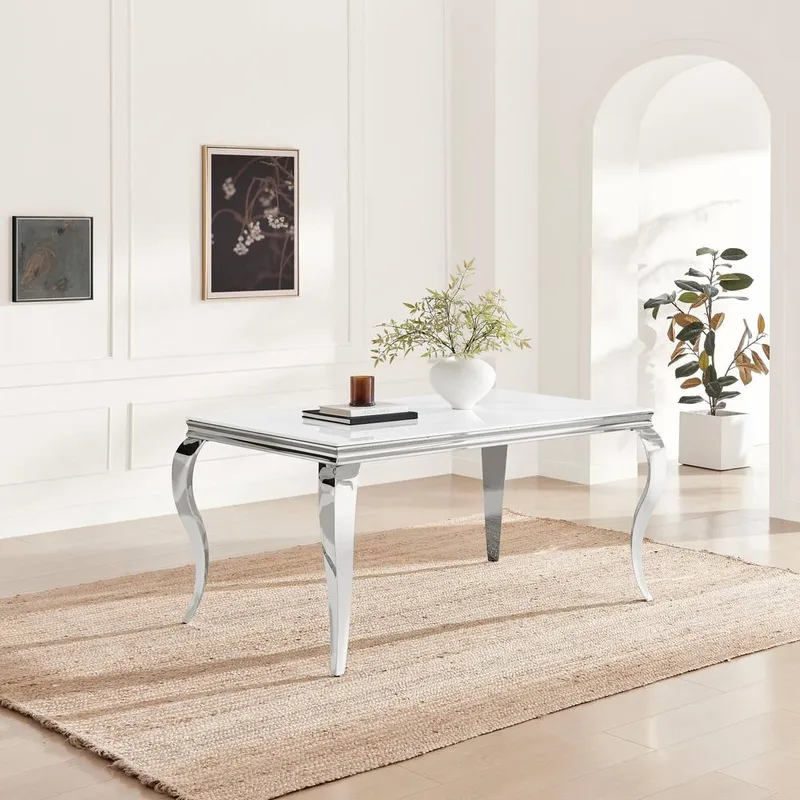 FurnitureboxUK Skye Rectangular White Marble Glass & Metal 6 Seater Dining Table White