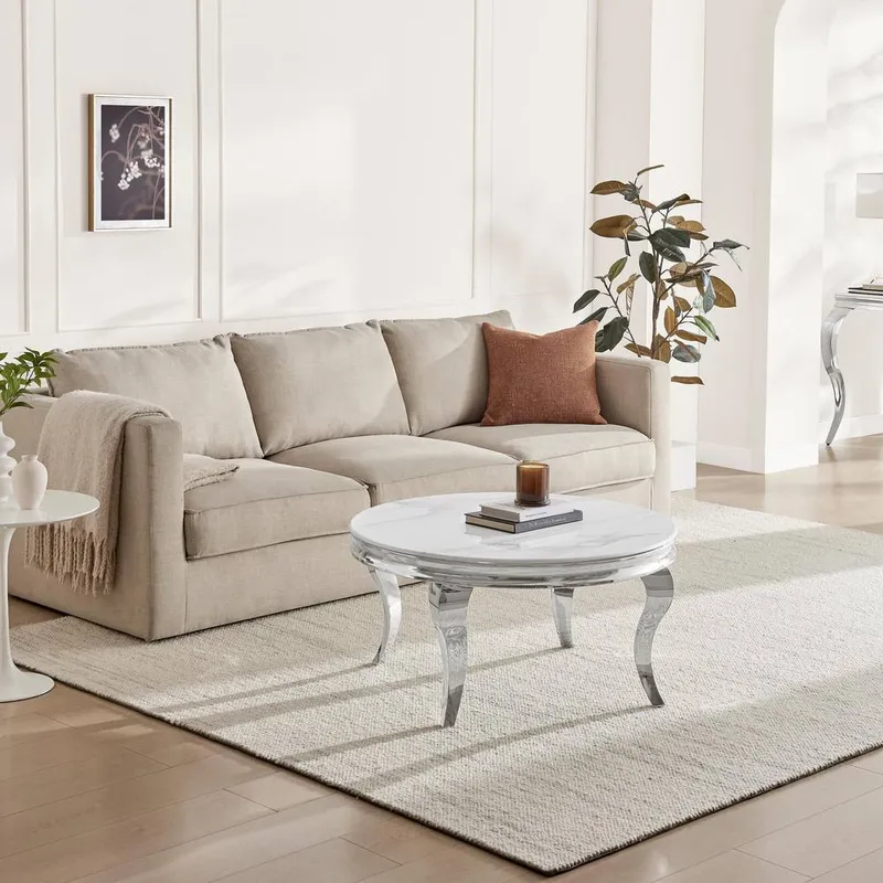FurnitureboxUK Skye Round White Marble Glass & Metal Coffee Table - White - Size: One Size