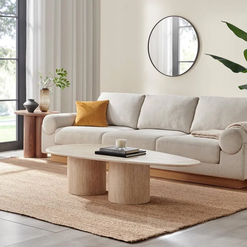 FurnitureboxUK Sutton Beige Travertine Stone Veneer Oval Coffee Table - Beige
