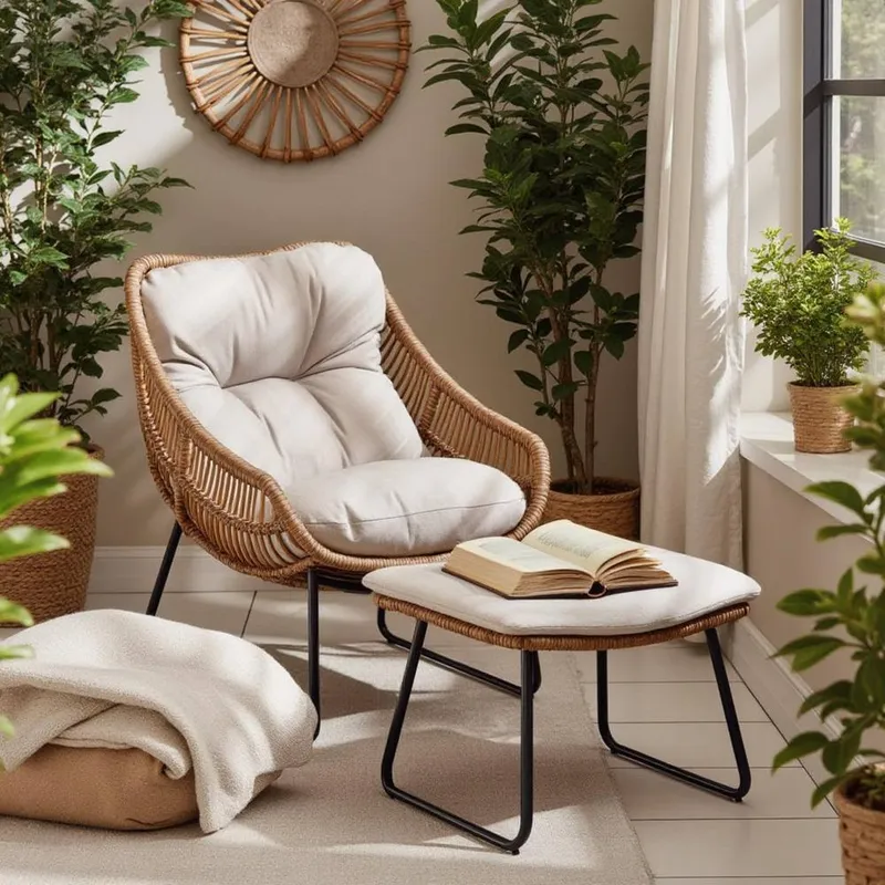 FurnitureboxUK Tahiti Indoor / Outdoor Beige Rattan Chair & Footstool - Beige