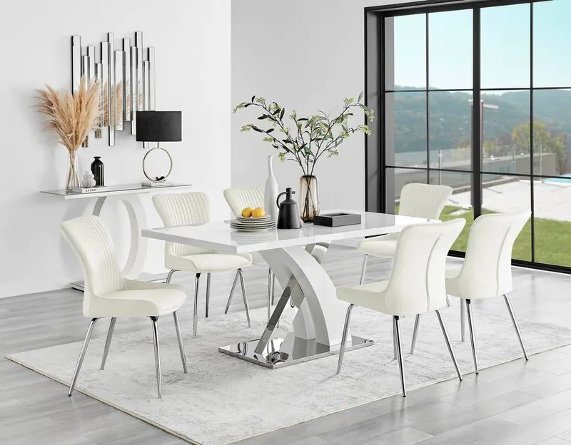 FurnitureboxUK Atlanta 6 White Dining Table & 6 Nora Silver Leg Chairs in Cream Cream