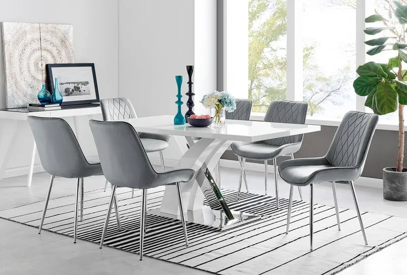 FurnitureboxUK Unisex Atlanta 6 White Dining Table & 6 Pesaro Silver Leg Chairs in Grey Grey female