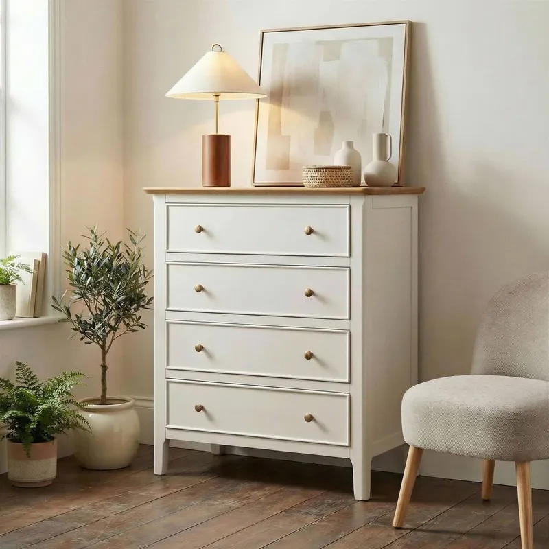 FurnitureboxUK Belle Oak Wood & Cream Chest of Drawers Cream