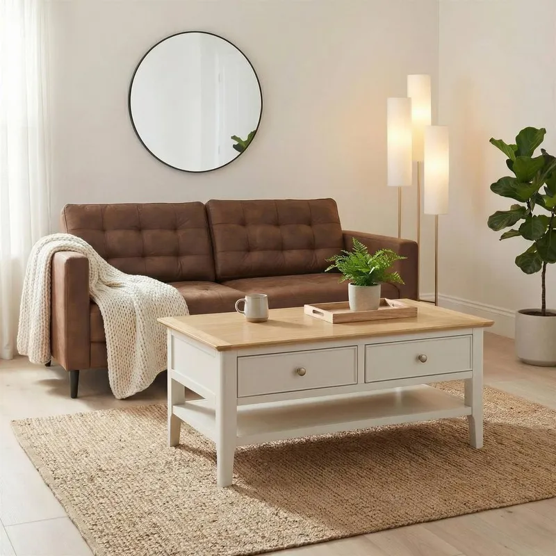 FurnitureboxUK Belle Rectangular Oak Wood & Cream Coffee Table Cream