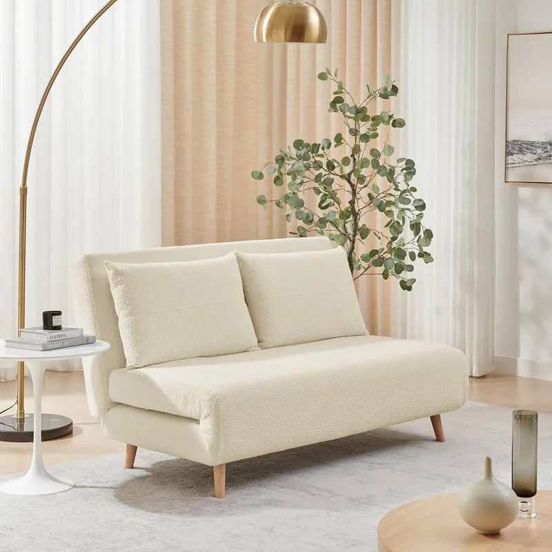 FurnitureboxUK Bobby Off-White Boucle Fabric Double Folding Sofa Bed in Off White - Off White