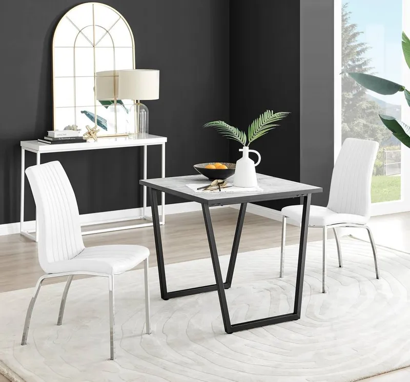 FurnitureboxUK Carson White Marble Effect Square Dining Table & 2 Faux Leather Isco Chairs - White - Size: One Size