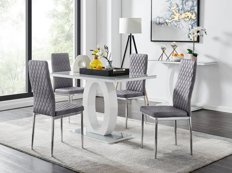 FurnitureboxUK Giovani 4 Grey Dining Table & 4 Velvet Milan Chairs - Grey