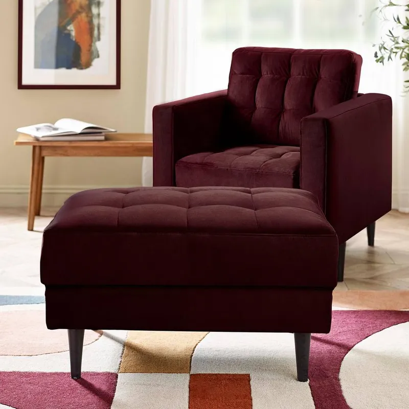 FurnitureboxUK Jade Velvet Chesterfield Footstool in Maroon - Maroon - Size: One Size