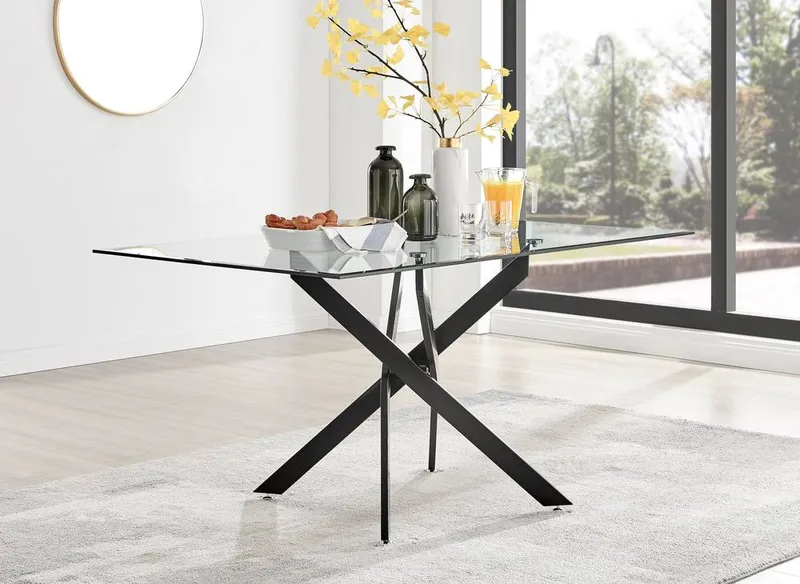 FurnitureboxUK Leonardo 150cm 6-Seater Glass & Chrome Metal Starburst Dining Table in Black Black