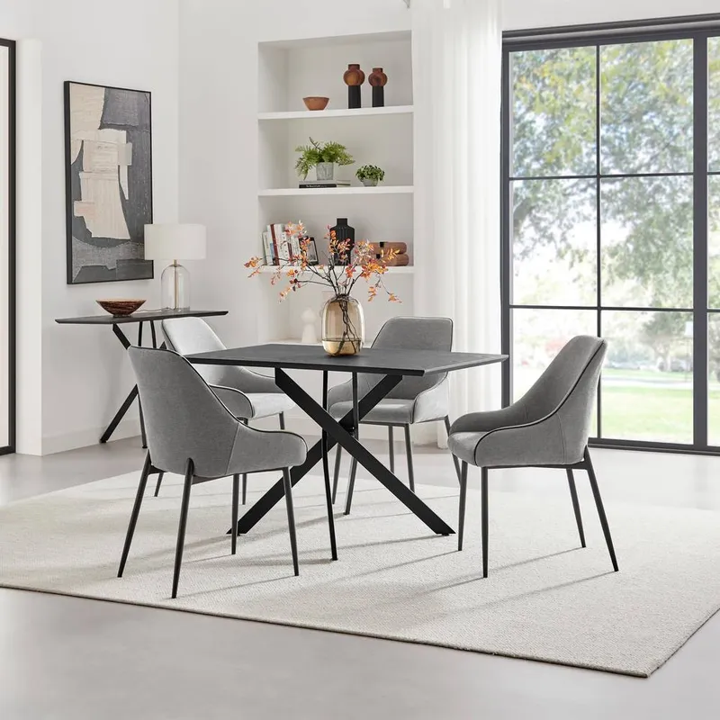 FurnitureboxUK Leonardo Black Top Dining Table & 4 Beaumont Grey Fabric Chairs - Grey