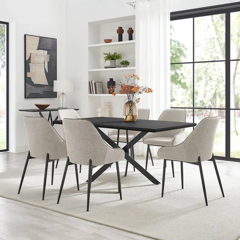 FurnitureboxUK Leonardo Black Top Dining Table & 6 Beaumont Fabric Chairs in Cream - Cream