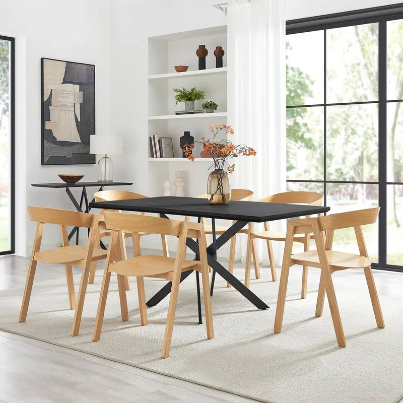 FurnitureboxUK Leonardo Black Top Dining Table & 6 Oak Masa Chairs Black