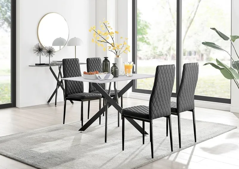 FurnitureboxUK Leonardo Grey Glass Marble Effect Black Leg Table & 4 Milan Black Leg Chairs - Black