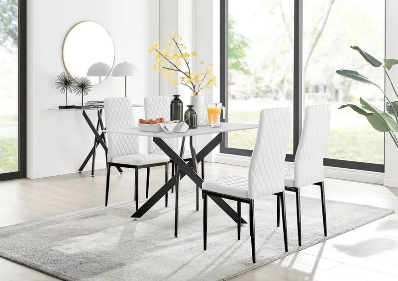 FurnitureboxUK Leonardo White Glass Marble Effect Black Leg Table & 4 Milan Black Leg Chairs - White