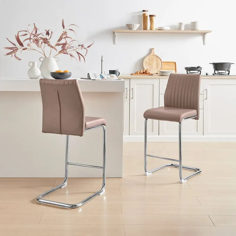 FurnitureboxUK Lorenzo 2x Faux Leather & Silver Counter Stools in Beige - Beige