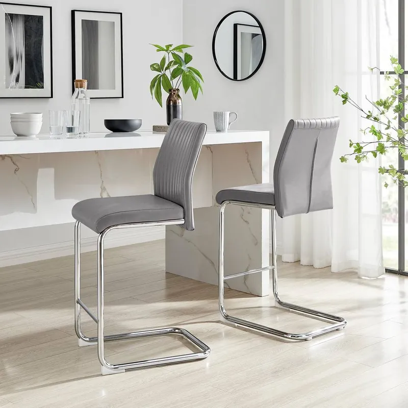 FurnitureboxUK Lorenzo 2x Faux Leather & Silver Counter Stools in Grey - Grey