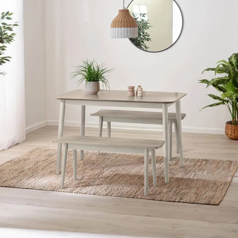 FurnitureboxUK Lynton Small White & Light Grey Wooden Dining Table & 2 Benches Light Grey