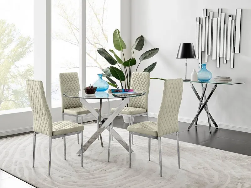 FurnitureboxUK Novara 100cm Round Dining Table & 4 Velvet Milan Chairs in Cream Cream