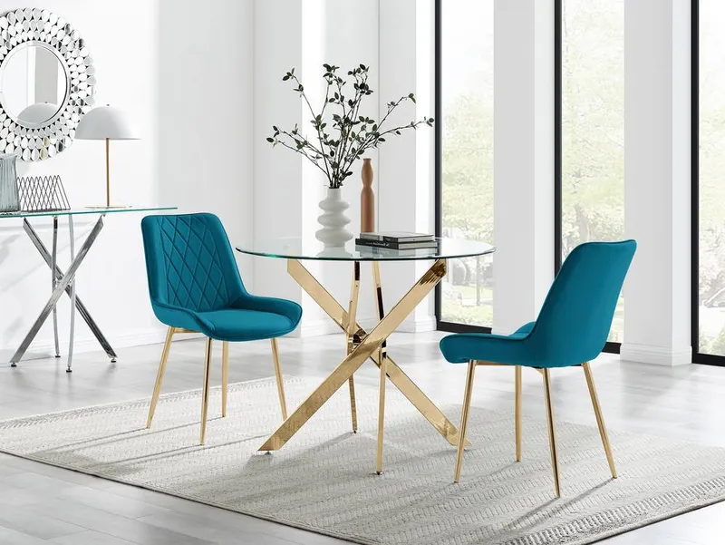 FurnitureboxUK Novara 100cm Round Gold Leg Dining Table & 2 Pesaro Gold Leg Chairs in Blue Blue