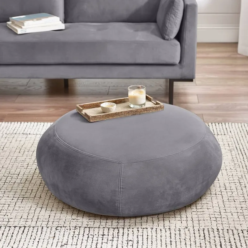 FurnitureboxUK Otis Round Soft-Touch Velvet Footstool in Grey - Grey - Size: One Size