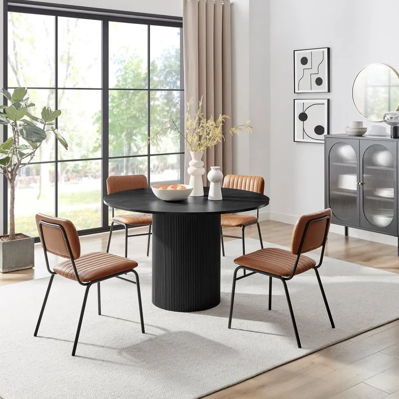 FurnitureboxUK Unisex Penrose Black Round Dining Table & 4 Tan Delta Chairs Tan One Size female