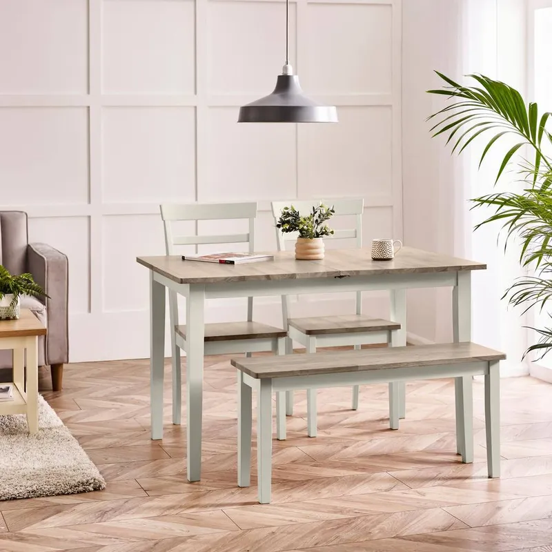 FurnitureboxUK Salcombe Extending Light Grey Table with 2 Chairs & 1 Small Bench Light Grey