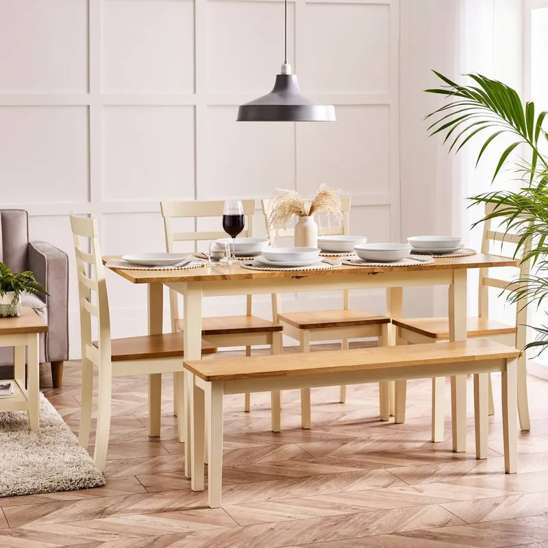 FurnitureboxUK Salcombe Extending Rectangular Wooden Table with 4 Whitby Chairs & 1 Large Bench in Cream - Cream