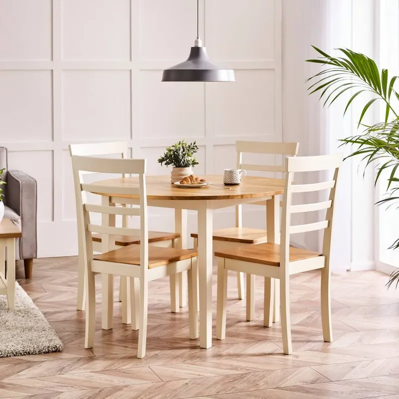 FurnitureboxUK Salcombe Round Wooden Table & 4 Whitby Dining Chairs in Cream - Cream