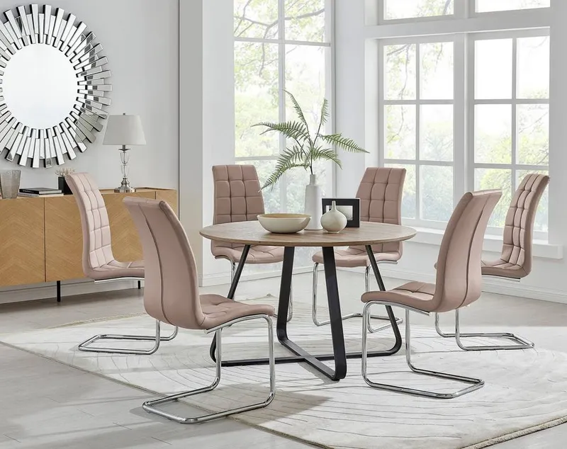 FurnitureboxUK Santorini Brown Round Dining Table & 4/6 Murano Chairs in Beige Beige