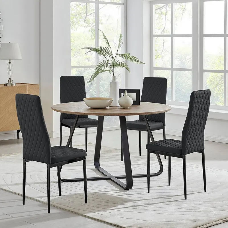 FurnitureboxUK Santorini Brown Round Dining Table & 4 Milan Black Leg Chairs Black
