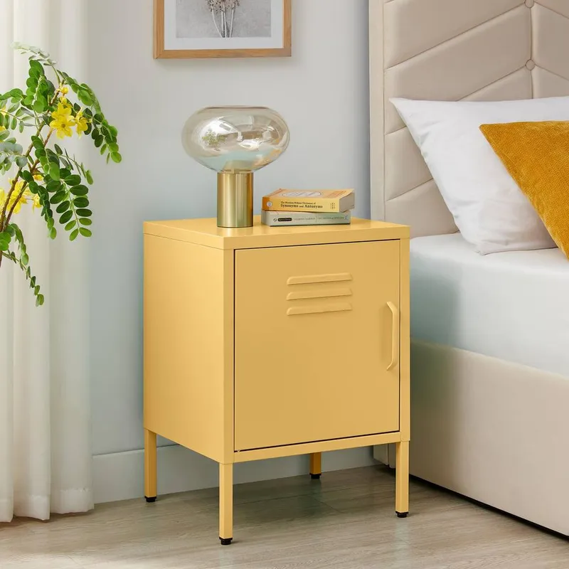 FurnitureboxUK Teksi 1 Door Mustard Yellow Metal Locker Bedside Table Yellow