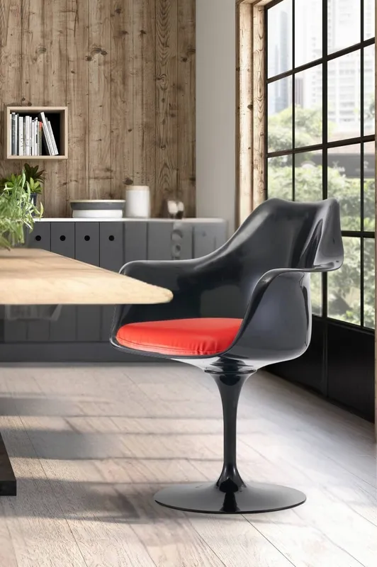 Fusion Living Black Tulip Armchair with PU Cushion in Red - Red