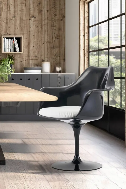 Fusion Living Black Tulip Armchair with PU Cushion in White - White