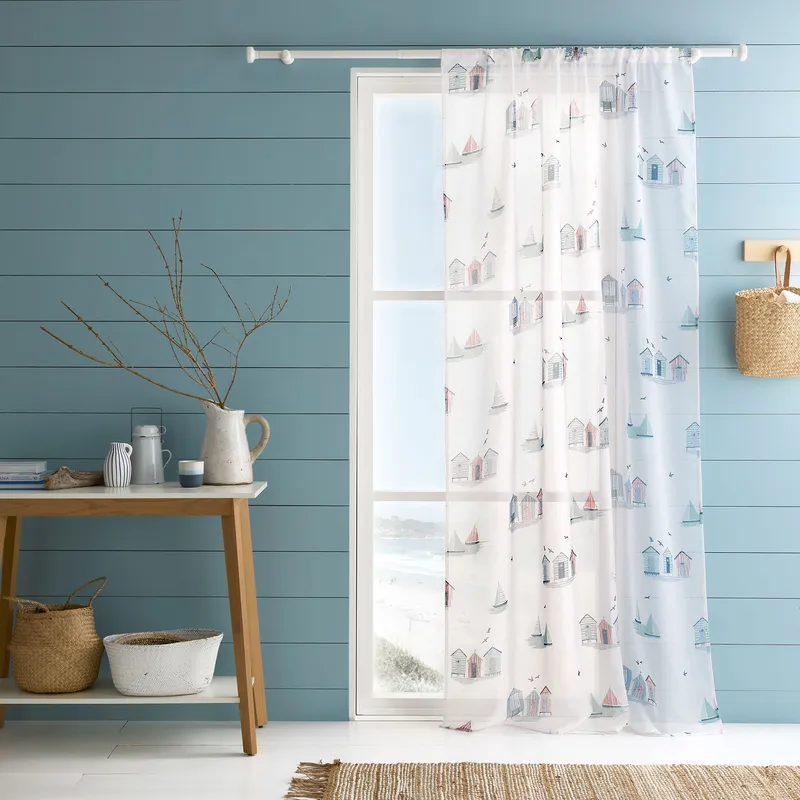 Fusion 'Beach Huts' Coastal Themed Voile Panel in Blue Size: 140 cm width x 137 cm drop Blue 140 cm width x 137 cm drop