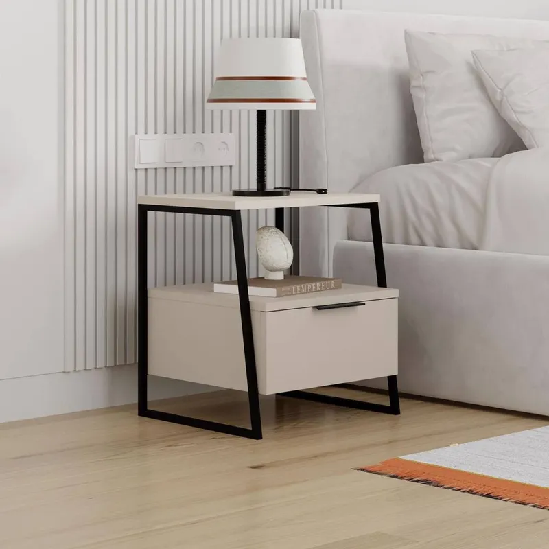 FWStyle Unisex 1 Door Sandstone Bedside Table Nightstand Cabinet in Beige Beige female