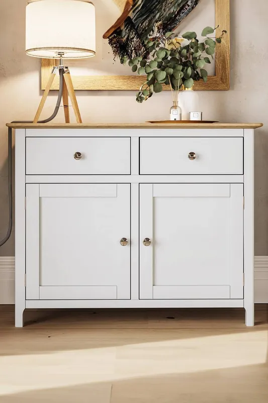 FWStyle 2 Door 2 Drawer Solid Oak Sideboard Ready Assembled Cream Linen - Cream