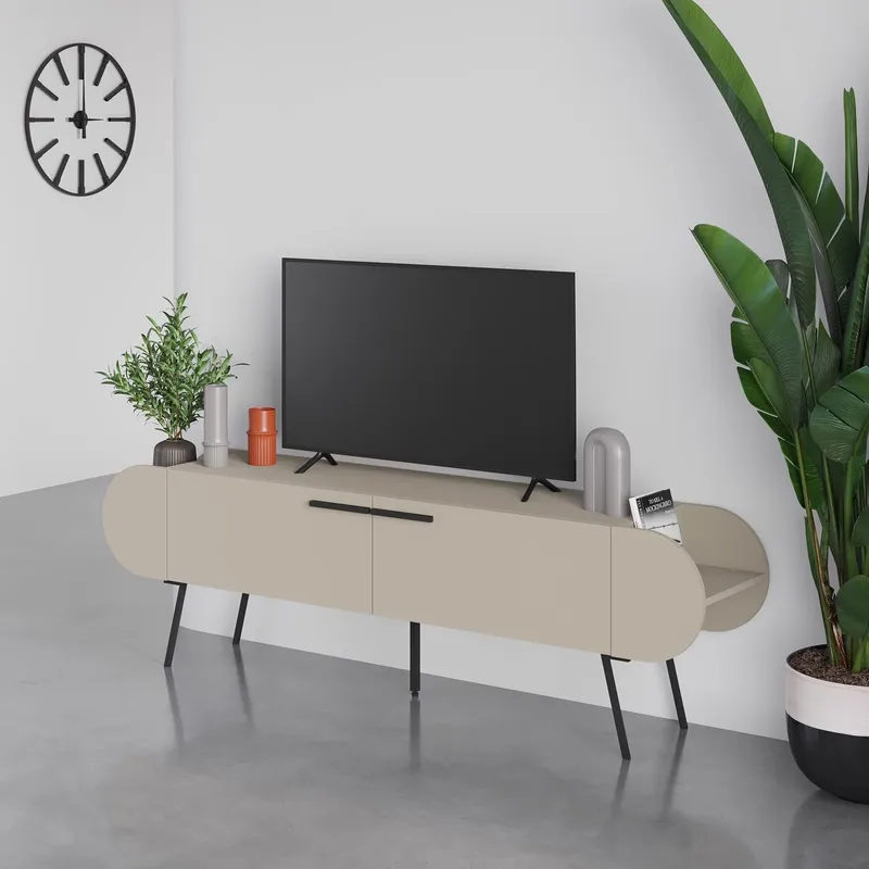 FWStyle 2 Door Capsule TV Stand Entertainment Unit Sandstone in Beige Beige