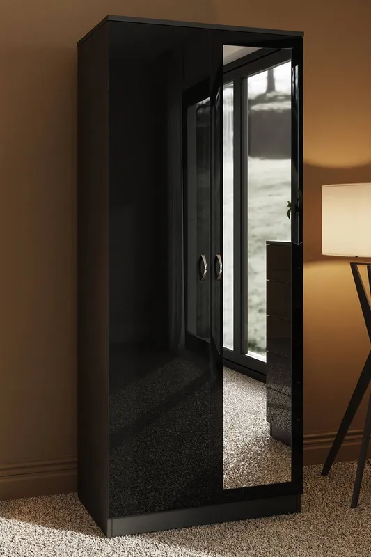 FWStyle 2 Door Mirrored High Gloss Black Double Wardrobe Black