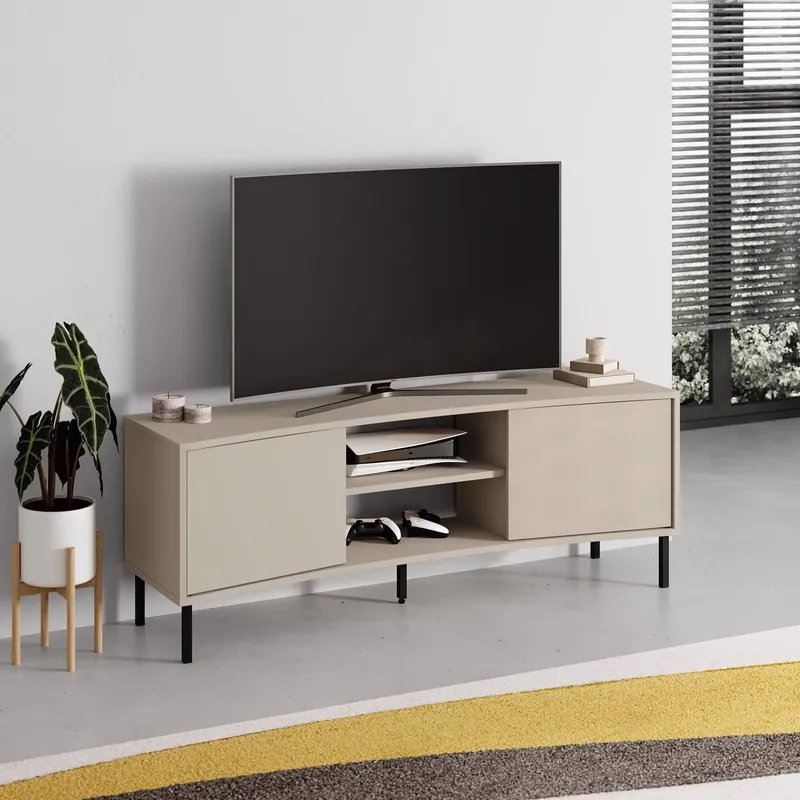 FWStyle Unisex 2 Door Sandstone Curved TV Unit Stand in Beige Beige female