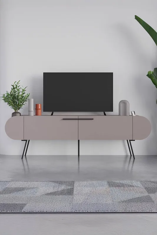 FWStyle Unisex 2 Door TV Unit Open Shelf Mocha Grey Capsule Design Scratch Resistant Grey female